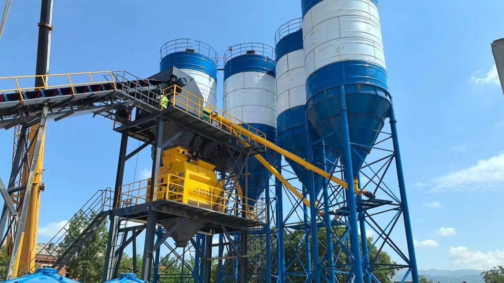 JS1500 twin-shaft concrete mixer installed in HZS90 concrete batching plant