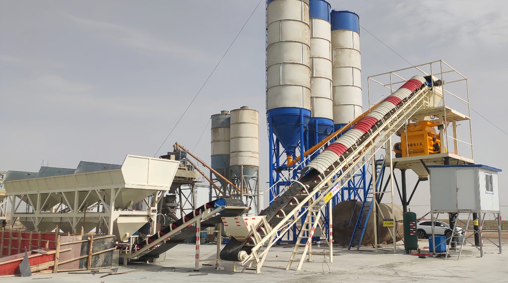 HZS90 stationary concrete batching plant with aggregate feeding system and cement silos
